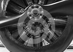 vintage propellor aeroplane engine close up, in black and white