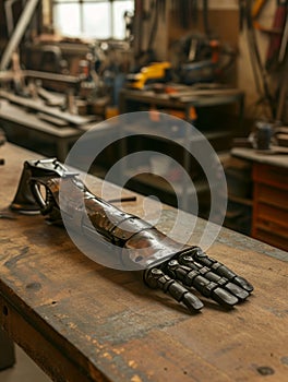 Vintage prosthetic arm on a workshop table