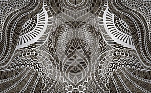 Vintage psychedelic fractal mandala pattern. Ethnic style, silver gray gradient colors, isolated on black background