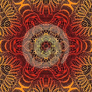 Vintage psychedelic trippy colorful fiery mandala. Yellow orange red gradient colors outline, isolated on brown background