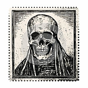 Vintage Punk Skeleton Stamp: Hyperrealistic Composition Inspired By Franz Stuck And Necronomicon photo