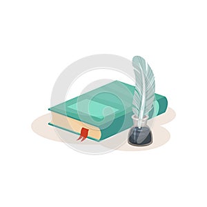 Vintage quill pen, inkwell and o book, symbols of retro writing, science and knowledge vector Illustration on a white