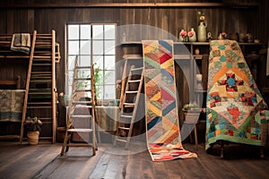 vintage quilts displayed on rustic wooden ladder