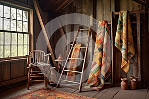 vintage quilts displayed on rustic wooden ladder