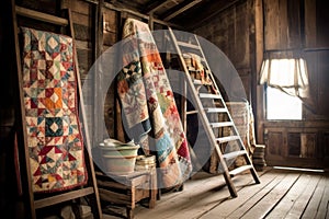 vintage quilts displayed on a rustic wooden ladder