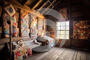 vintage quilts displayed on a rustic wooden wall