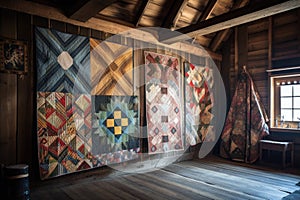 vintage quilts displayed on a rustic wooden wall