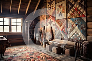 vintage quilts displayed on a rustic wooden wall