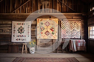 vintage quilts hanging on a rustic barn wall