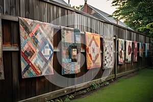 vintage quilts hanging on a wooden fence
