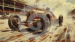 Vintage racing car speeding on track with historic grandstand background. History of racing events. Concept of