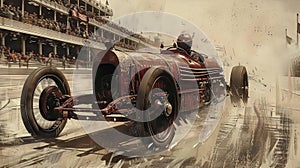 Vintage racing car speeding on track with historic grandstand background. History of racing events. Concept of