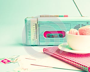 Vintage Radio, Macaroons and Book