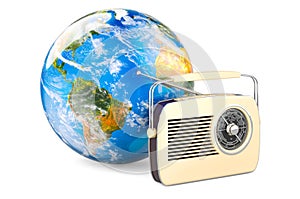 Vintage radio receiver with Earth Globe. World Radio Day, concept. 3D rendering