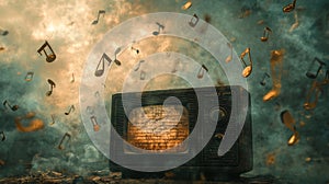 Vintage Radio Surrounded by Ethereal Jazz Notes in Surreal Setting photo
