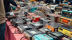 Vintage radios and televisions displayed on a table in an engineering event AIG41