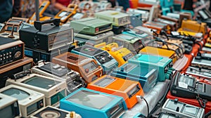 Vintage radios and televisions displayed on a table in an engineering event AIG41