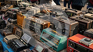 Vintage radios and televisions displayed on a table in an engineering event AIG41