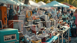 Vintage radios and televisions displayed on a table in an engineering event AIG41