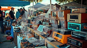 Vintage radios and televisions displayed on a table in an engineering event AIG41