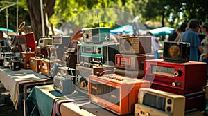 Vintage radios and televisions displayed on a table in an engineering event AIG41