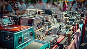 Vintage radios and televisions displayed on a table in an engineering event AIG41