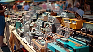 Vintage radios and televisions displayed on a table in an engineering event AIG41