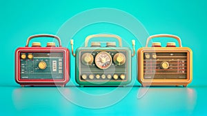 Vintage radios on turquoise background