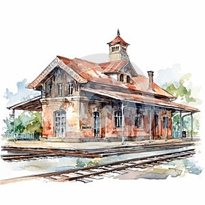 Vintage Railroad Station Watercolor Clipart on Clean White Background for Invitations and Posters.