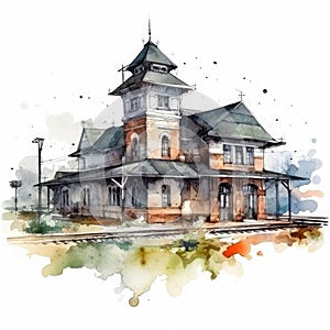 Vintage Railroad Station Watercolor Clipart on Clean White Background. Perfect for Invitations and Posters.