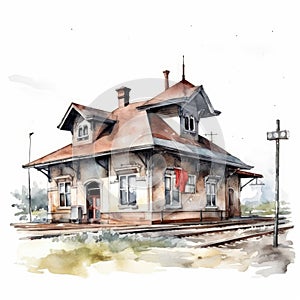 Vintage Railroad Station Watercolor Clipart on Clean White Background. Perfect for Invitations and Posters.