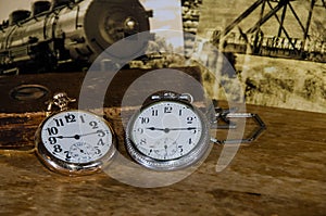 Vintage Railroad Watches Resting on a Wooden Table