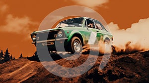 Vintage rally car splashing the dirt in retro 70s styled scene