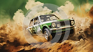 Vintage rally car splashing the dirt in retro 70s styled scene.