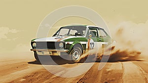 Vintage rally car splashing the dirt in retro 70s styled scene. Generated AI.