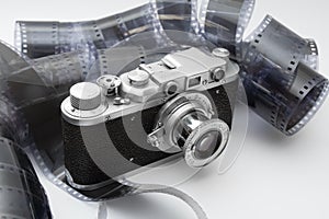 Vintage rangefinder camera in black and white film photo