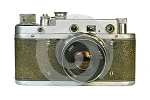 Vintage rangefinder camera front view.