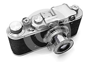 Vintage rangefinder camera over white photo