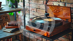 A vintage record player stands proudly on a retro bar cart ready to spin classic vinyl albums at the touch of a button