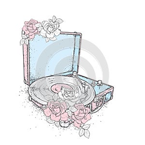 Vintage record player vinyl records and roses. Vintage. Music. Vector illustration for a postcard or a poster.