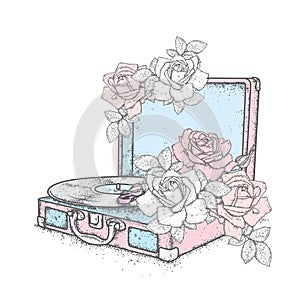 Vintage record player vinyl records and roses. Vintage. Music. Vector illustration for a postcard or a poster.