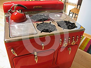 Vintage red 1950s Chambers gas range stove oven combination Model C restored to working order