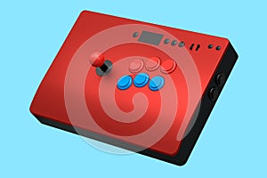 Vintage red arcade stick with joystick and tournament-grade buttons on blue