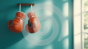 Vintage red boxing gloves hanging on teal wall in sunlight
