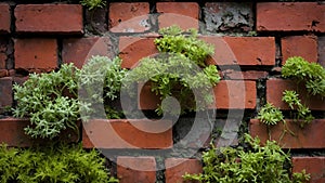 Vintage Red Brick Wall with Lichen and Moss Patches photo