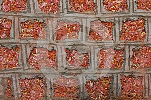 Vintage red brick wall with rough surface and dark stain taken from an old town in India. The pattern and brickwork texture give i