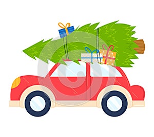 Vintage red car carrying Christmas tree, delivery Christmas card vector illustration isolated on white. Red car carries