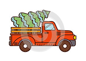 Vintage red christmas truck with a christmas tree