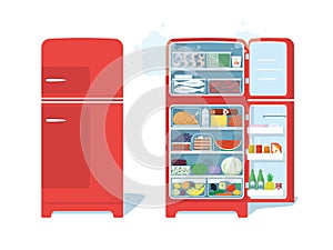 Vintage Red Closed and Opened Refrigerator Full Of Food. photo