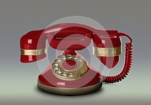 Vintage red corded telephone on light grey background